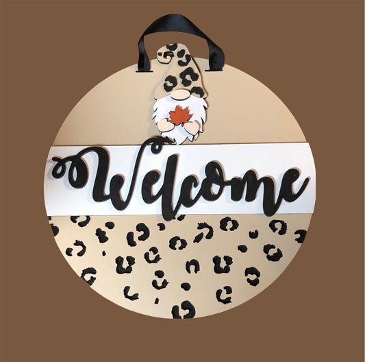 Welcome Gnome Cheetah Print Door Hanger